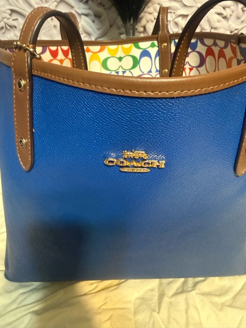 Coach Multicolor Rainbow Signature Tote with Brown Leather Trim - Picture 4 of 10